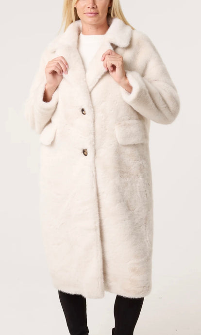 CREAM LONGLINE FAUX FUR BUTTON COAT