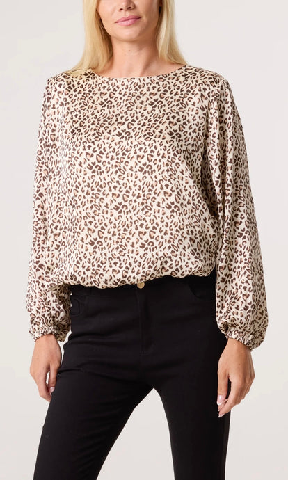 BROWN ANIMAL PRINT ROUND NECK BUBBLE TOP