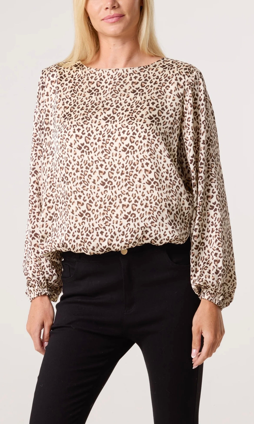 BROWN ANIMAL PRINT ROUND NECK BUBBLE TOP