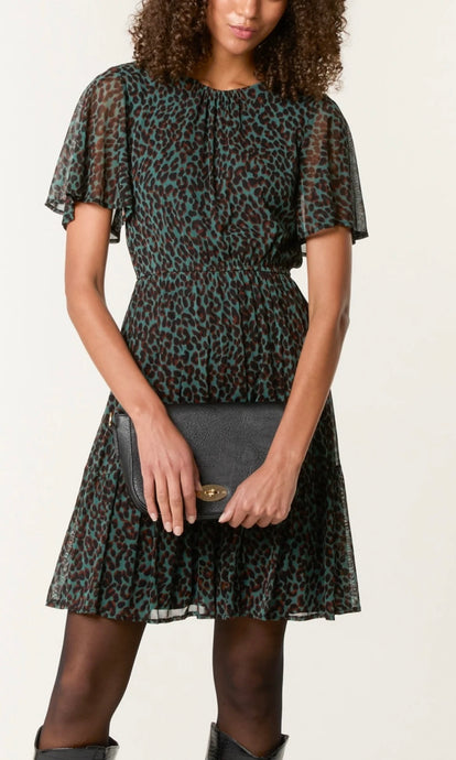 GREEN FLUTTER SLEEVE ROUND NECK LEOPARD MINI DRESS