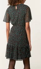 Load image into Gallery viewer, GREEN FLUTTER SLEEVE ROUND NECK LEOPARD MINI DRESS