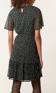 GREEN FLUTTER SLEEVE ROUND NECK LEOPARD MINI DRESS