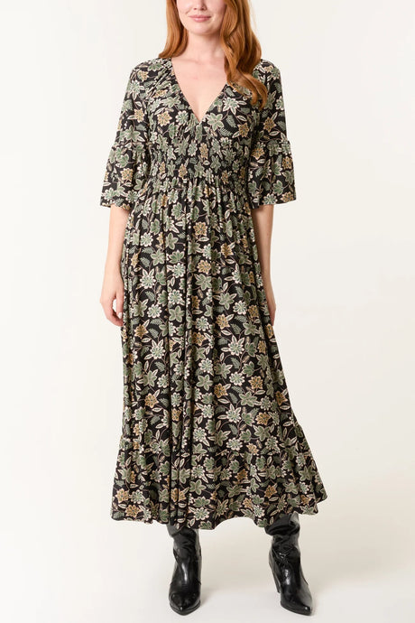 GREEN LEAF PRINT V-NECK STRETCH V DRESS