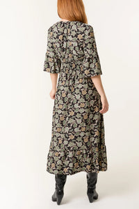 GREEN LEAF PRINT V-NECK STRETCH V DRESS