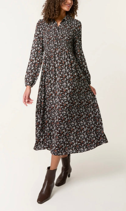 DITSY AUTUMN FLORAL SHIRRED STRETCH BUTTON DRESS