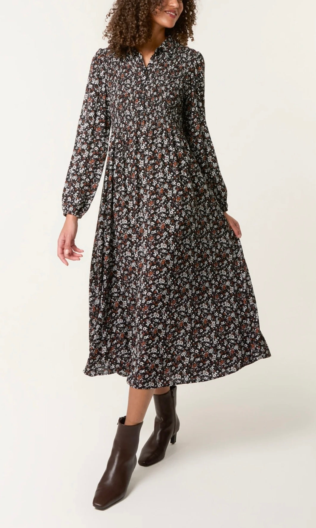 DITSY AUTUMN FLORAL SHIRRED STRETCH BUTTON DRESS