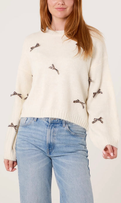 CREAM ANIMAL PRINT BOW KNIT JUMPER