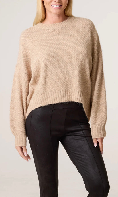 BEIGE TEXTURED KNIT CREW NECK JUMPER