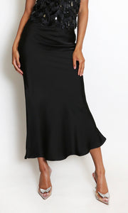 Black Satin Bias Cut Maxi Skirt