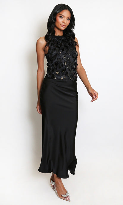 Black Satin Bias Cut Maxi Skirt