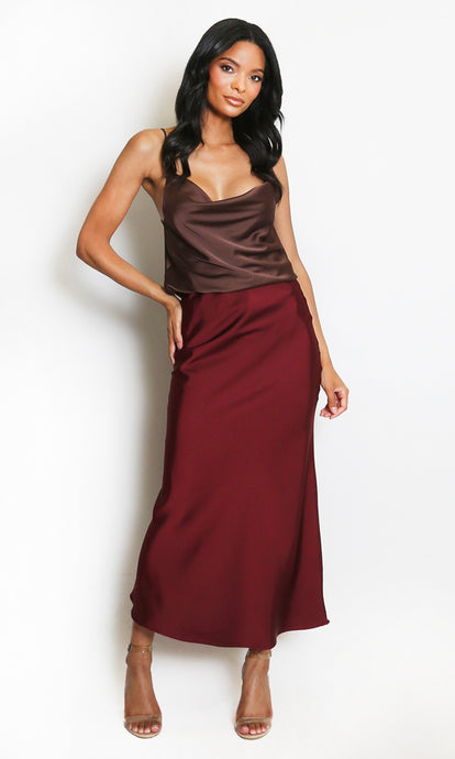 Wine Satin Bias Cut Maxi Skirt