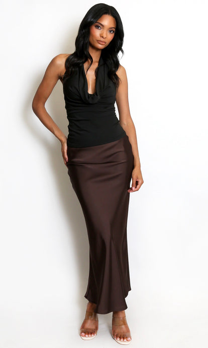Brown Satin Bias Cut Maxi Skirt