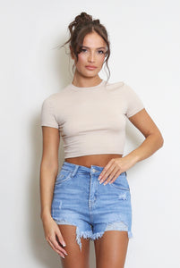 Beige Round Neck Short Sleeve Crop T-Shirt