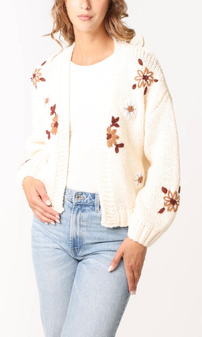 FLOWER EMBROIDERY OPEN KNIT CARDIGAN