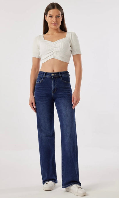 Denim Blue Wide Leg Stretch Jeans