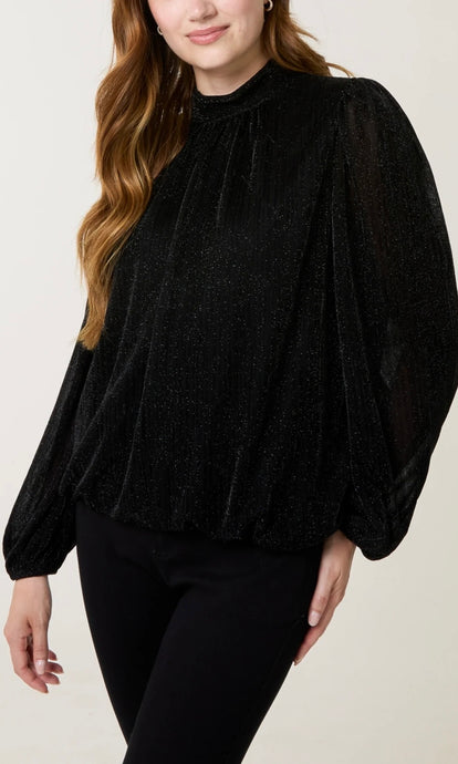 BLACK SPARKLE LUREX HIGH NECK PUFFBALL TOP