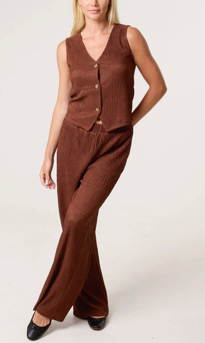 CHOCOLATE BROWN TEXTURED BUTTON-UP WAISTCOAT & TROUSER CO - ORD SET