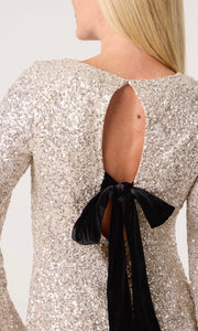 CHAMPAGNE BOW BACK SEQUIN MINI DRESS