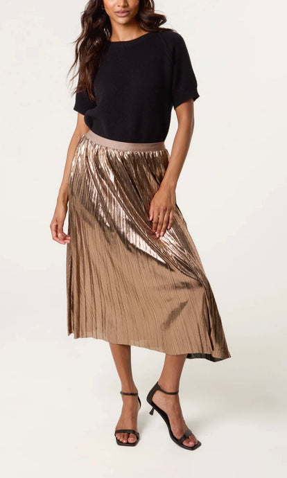 BRONZE METALLIC PLEATED MIDI SKIRT