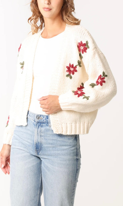 WINE FLORAL EMBROIDERY OPEN KNIT CARDIGAN IN CREAM