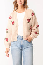 Load image into Gallery viewer, WINE FLORAL EMBROIDERY OPEN KNIT CARDIGAN IN BEIGE