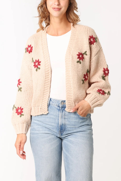 WINE FLORAL EMBROIDERY OPEN KNIT CARDIGAN IN BEIGE