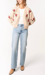 WINE FLORAL EMBROIDERY OPEN KNIT CARDIGAN IN BEIGE