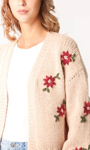 WINE FLORAL EMBROIDERY OPEN KNIT CARDIGAN IN BEIGE