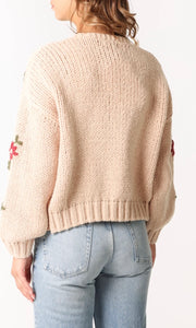 WINE FLORAL EMBROIDERY OPEN KNIT CARDIGAN IN BEIGE