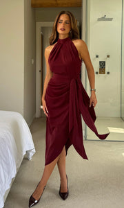 Priya Tie Waist Halter Neck Midi Dress Berry