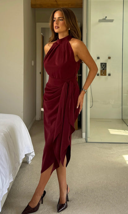 Priya Tie Waist Halter Neck Midi Dress Berry