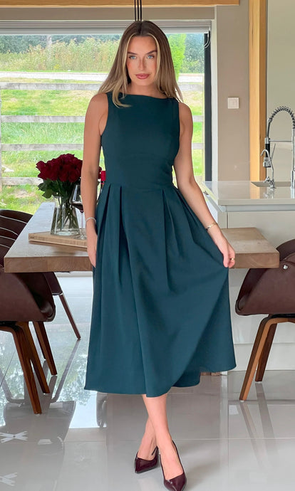 Nesta Boat Neck Skater Midi Dress Emerald Green