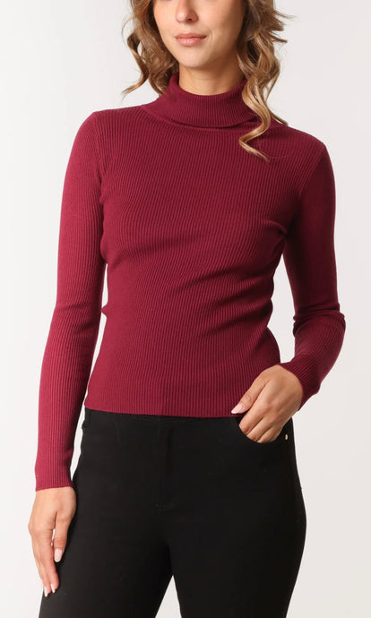 WINE ROLL NECK RIBBED JUMPER