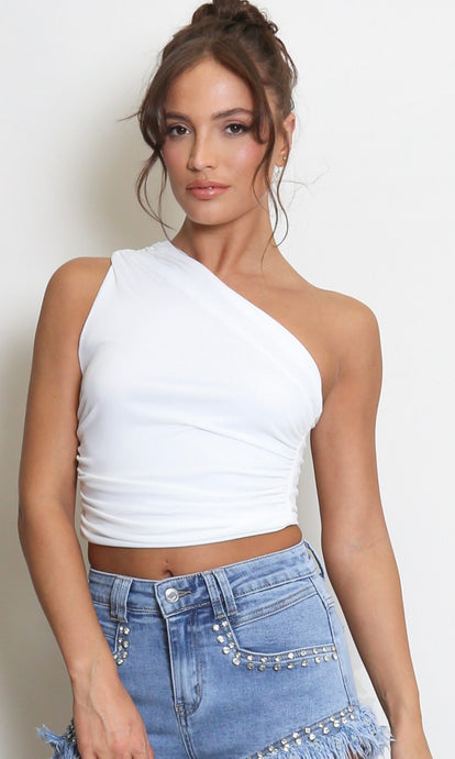 White One Shoulder Ruched Crop Tops
