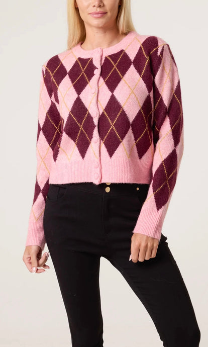 PINK AND BURGUNDY ARGYLE ROUND NECK KNIT CARDIGAN