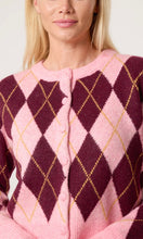 Load image into Gallery viewer, PINK AND BURGUNDY ARGYLE ROUND NECK KNIT CARDIGAN