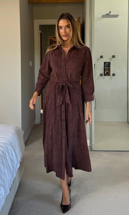 Angela Long Sleeve Maxi Shirt Dress Chocolate Suede
