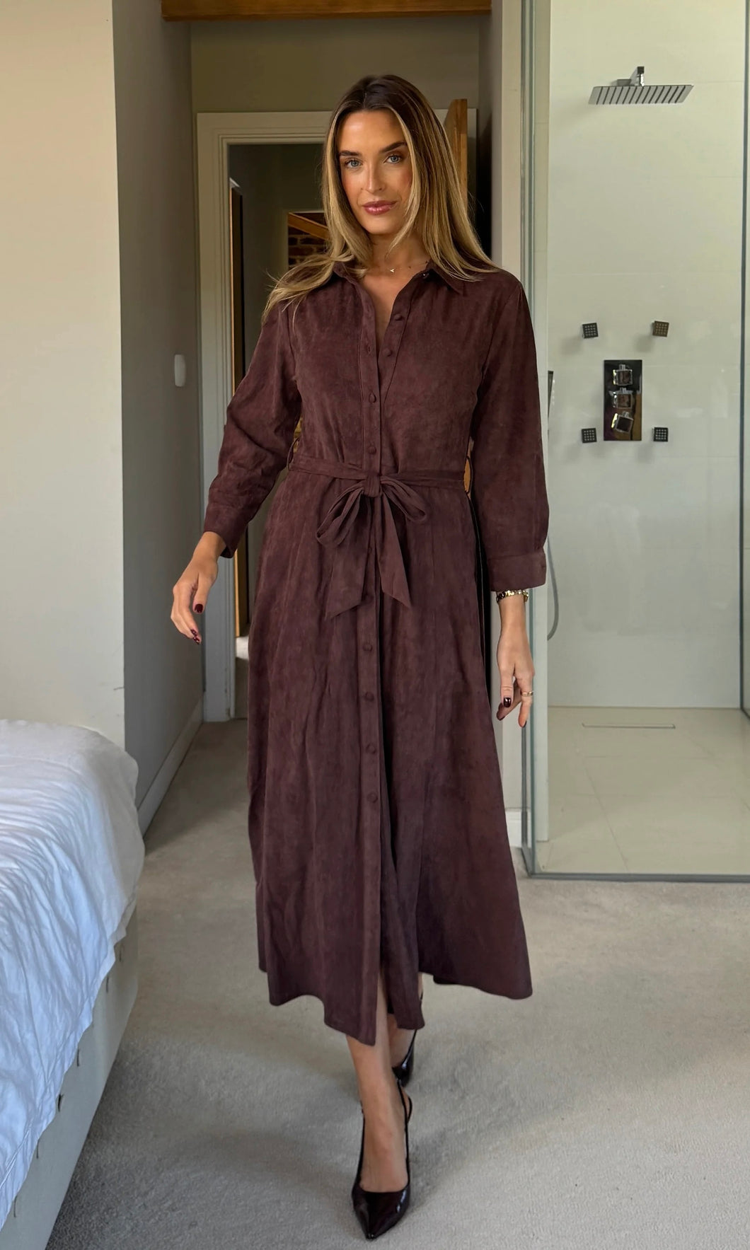 Angela Long Sleeve Maxi Shirt Dress Chocolate Suede