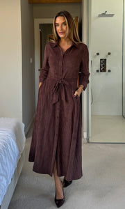 Angela Long Sleeve Maxi Shirt Dress Chocolate Suede