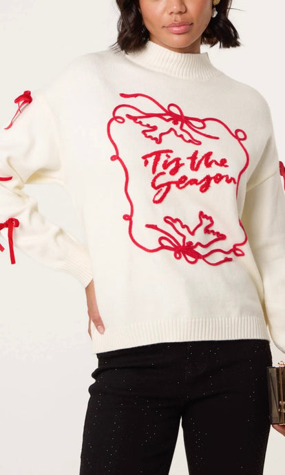 TIS THE SEASON EMBROIDERY BOW JUMPER