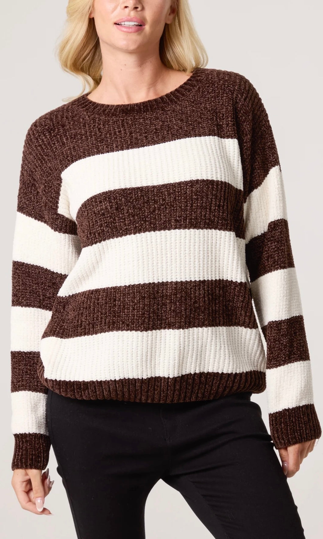 CHOCOLATE BROWN STRIPE TEXTURED COSY KNIT JUMPER