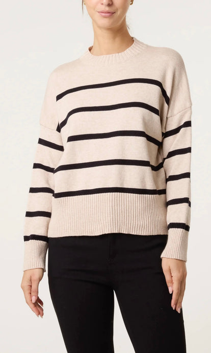 STONE AND BLACK ROUND NECK STRIPE JUMPER