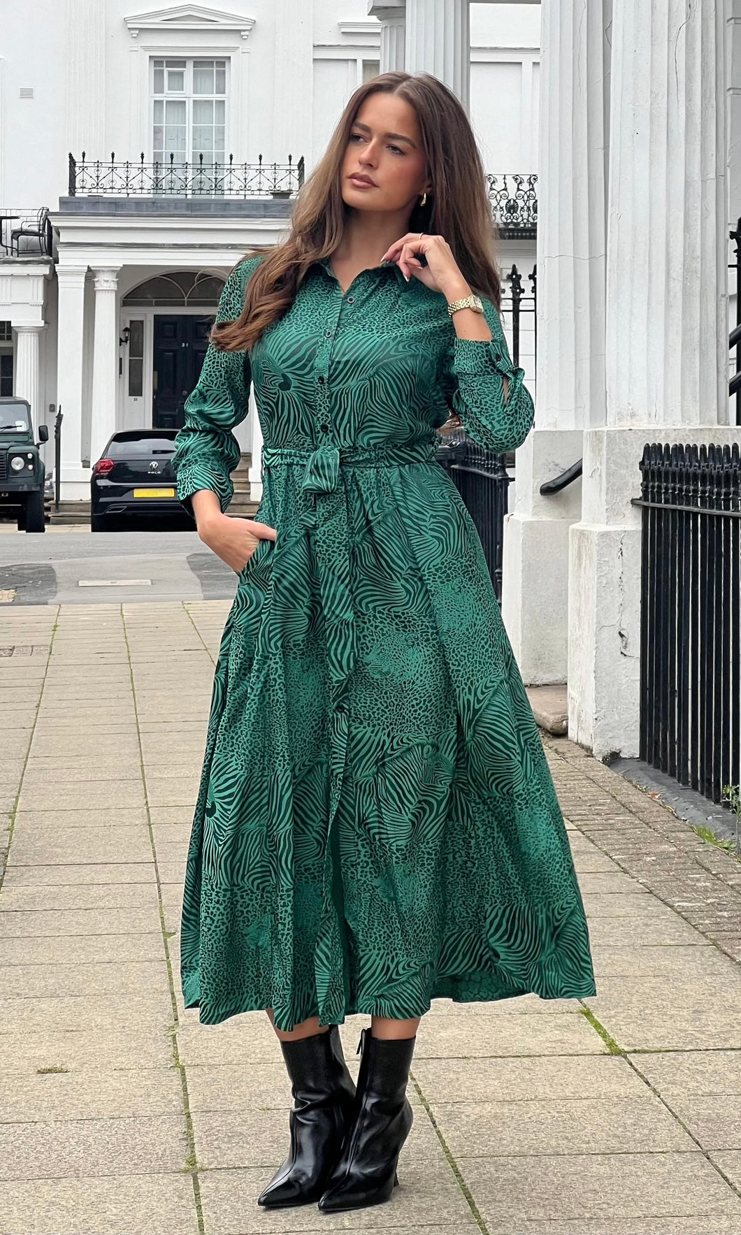Angela Long Sleeve Maxi Shirt Dress Green Animal