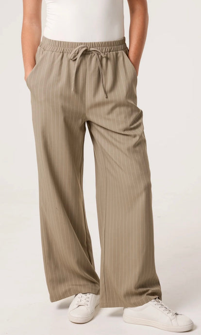 KHAKI ELASTICATED PINSTRIPE WIDE LEG TROUSERS