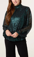 Load image into Gallery viewer, GREEN SEQUIN HIGH NECK PUFFBALL TOP
