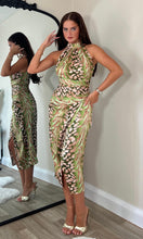 Load image into Gallery viewer, Alessia Halter Neck Midi Dress Green Animal Print