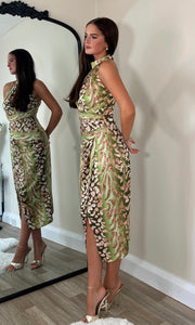 Alessia Halter Neck Midi Dress Green Animal Print