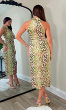Load image into Gallery viewer, Alessia Halter Neck Midi Dress Green Animal Print