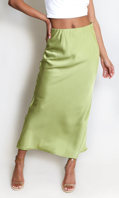 Green Satin High Waist A-Line Maxi Skirt