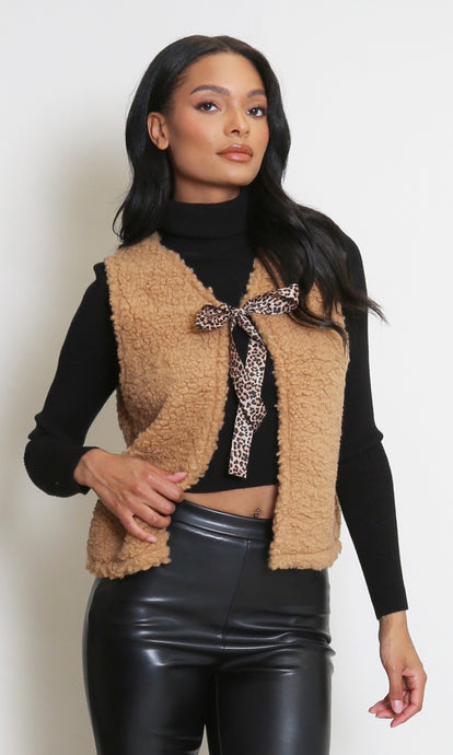 Camel Borg Leopard Tie Front Waistcoat